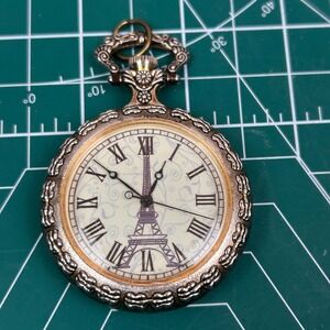 Vintage Eiffel Tower Pocket Watch Roman Numeral Face Ornate Metal Case